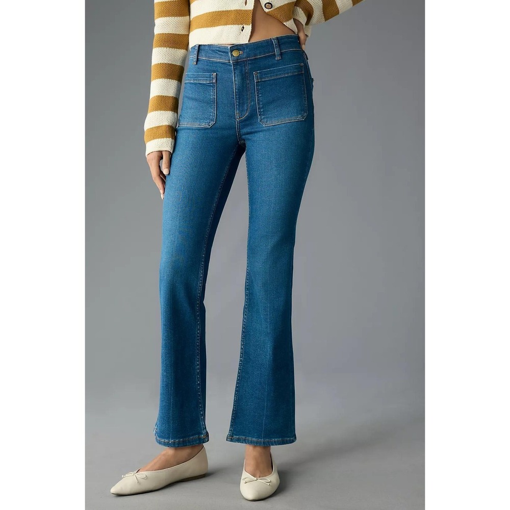 Pilcro and the Letterpress High Rise Flare Jeans Dark Wash Front Patch Pocket 31